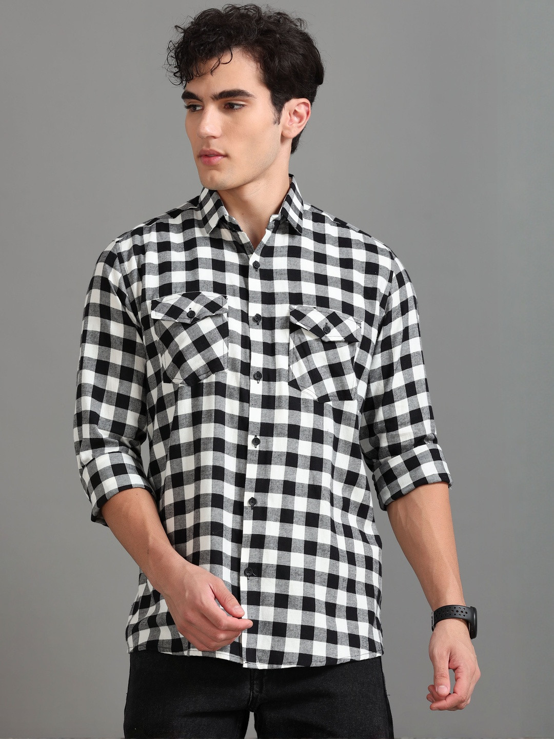 Kolor Fusion Men Black & White Checked Casual Shirt With Double Pocket