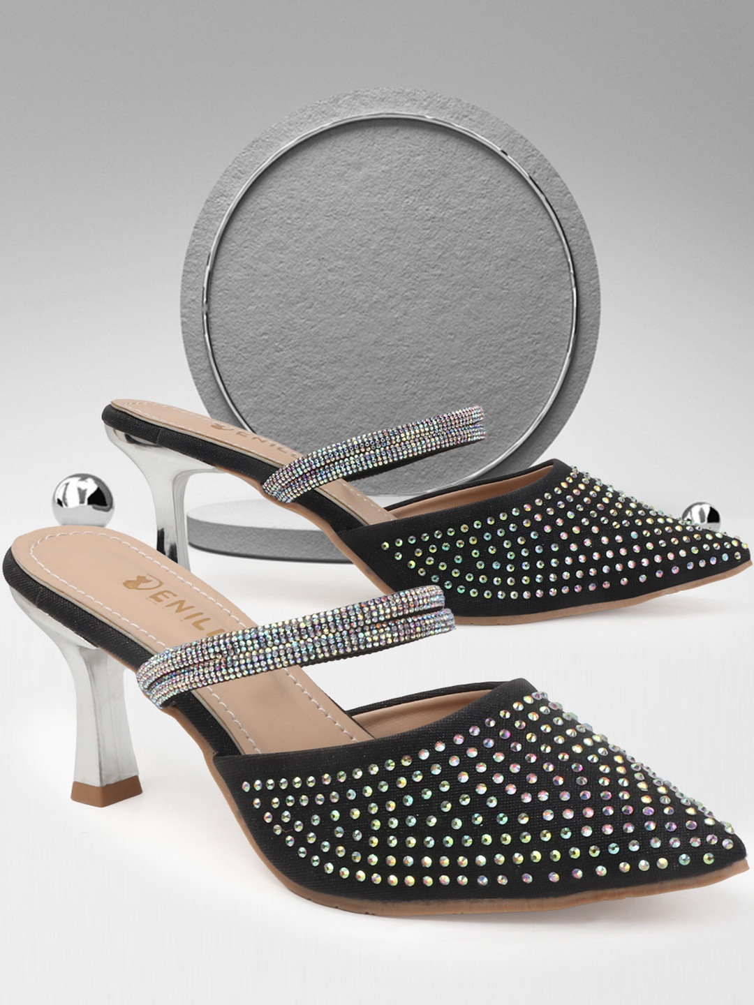 Denill Women Black Pointed Toe Rhinestone Embellished Kitten Heel Mules