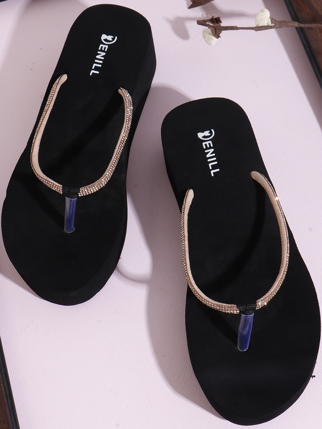 Denill Women Beaded Gold-toned T-Strap Platform Flats