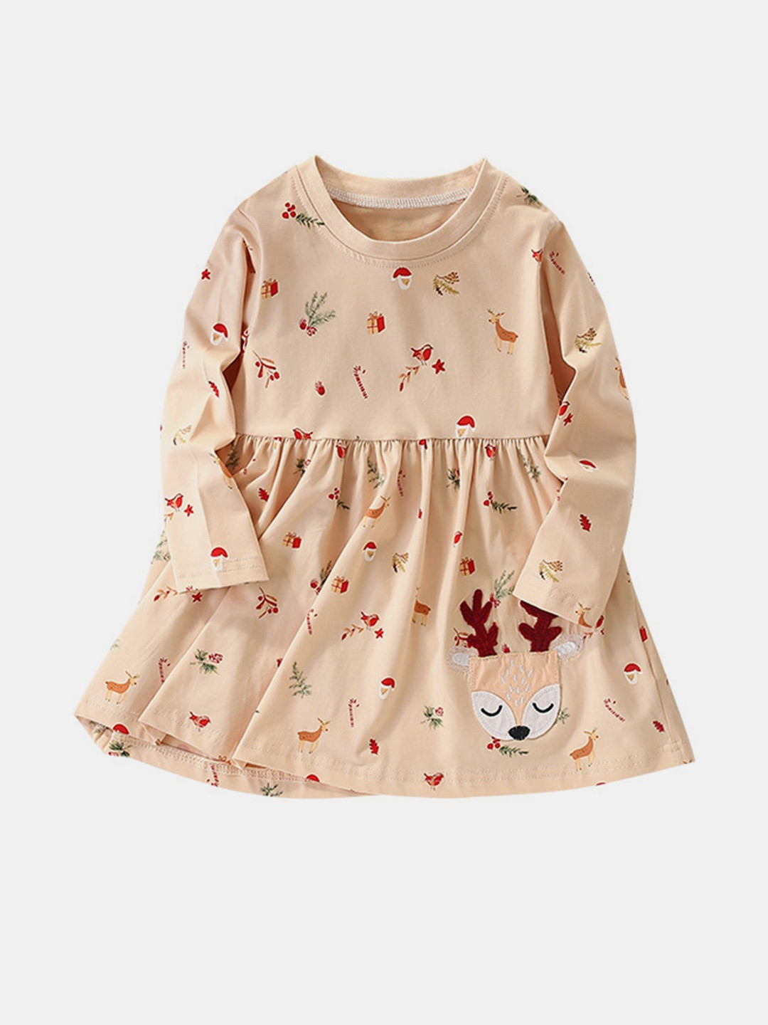 YK Girls Multi Round Neck Print Long Sleeves Cotton Causal Dress