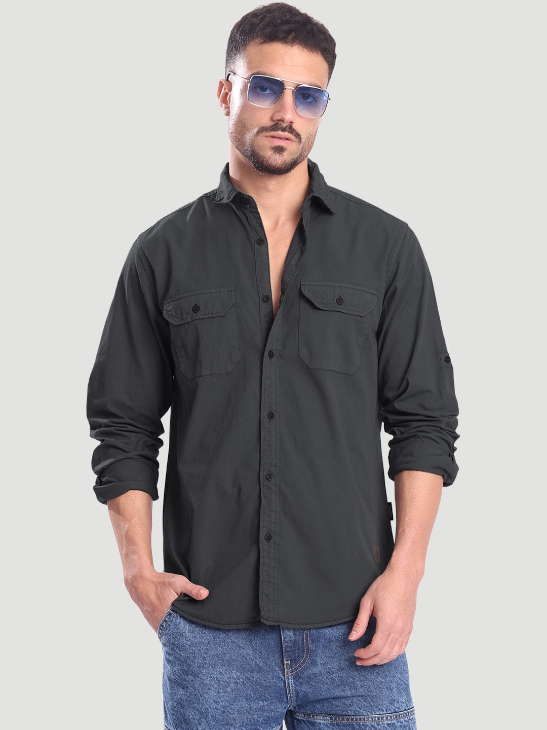 Roadster Men Grey Double Pocket Shirt