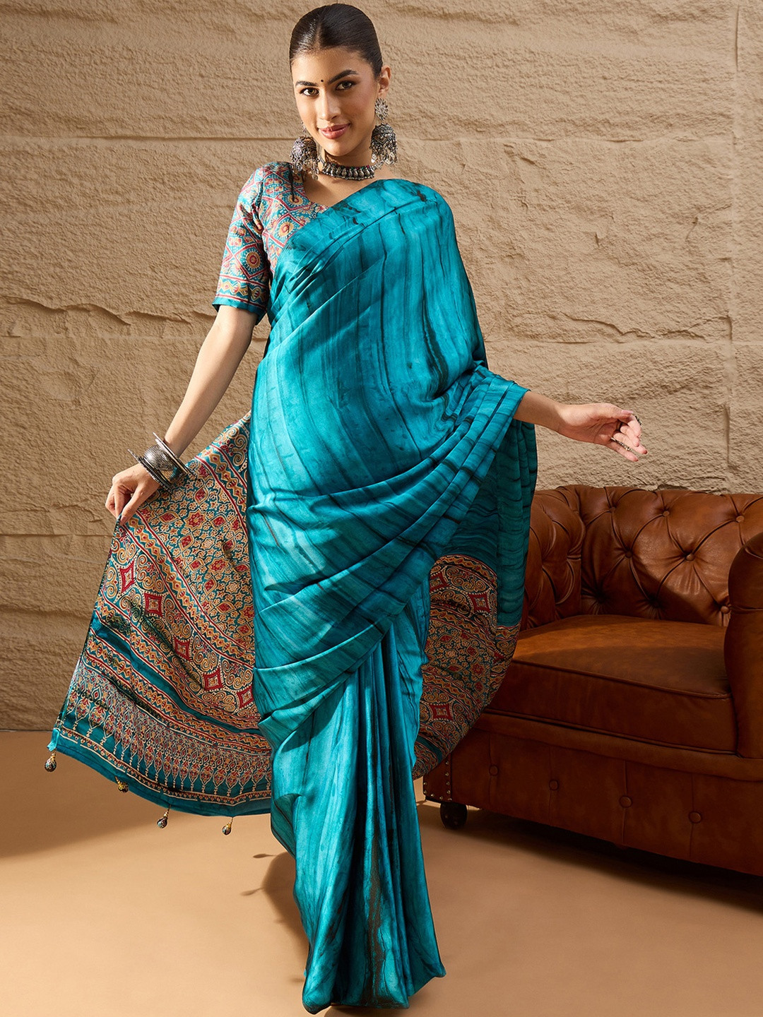 Sangria Women Light Blue Crepe Printed Party Wear Saree with Matching Blouse
