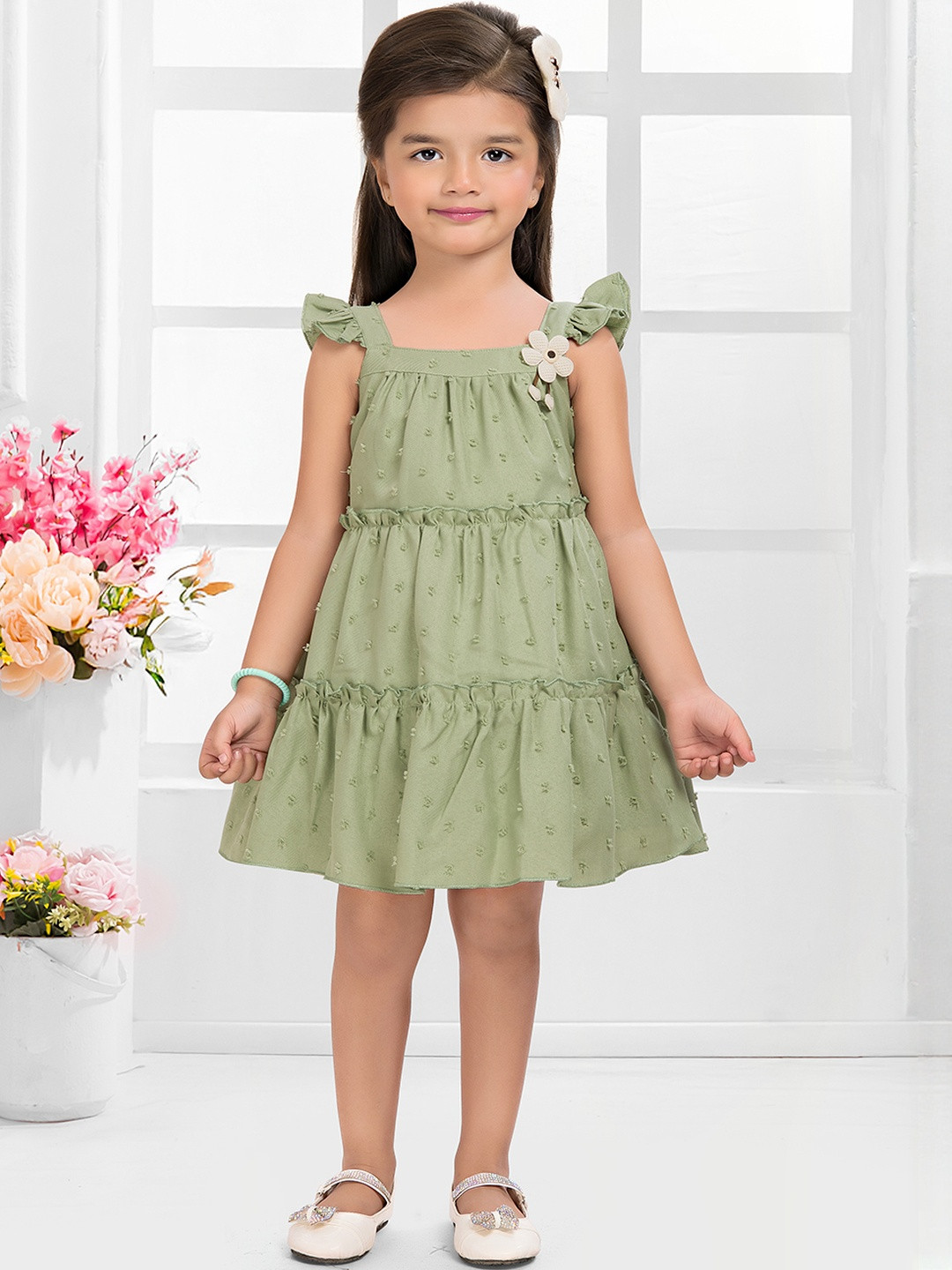 SNAZZYGIRL Girls Green Cotton Flower Embellished Fit & Flare Dress