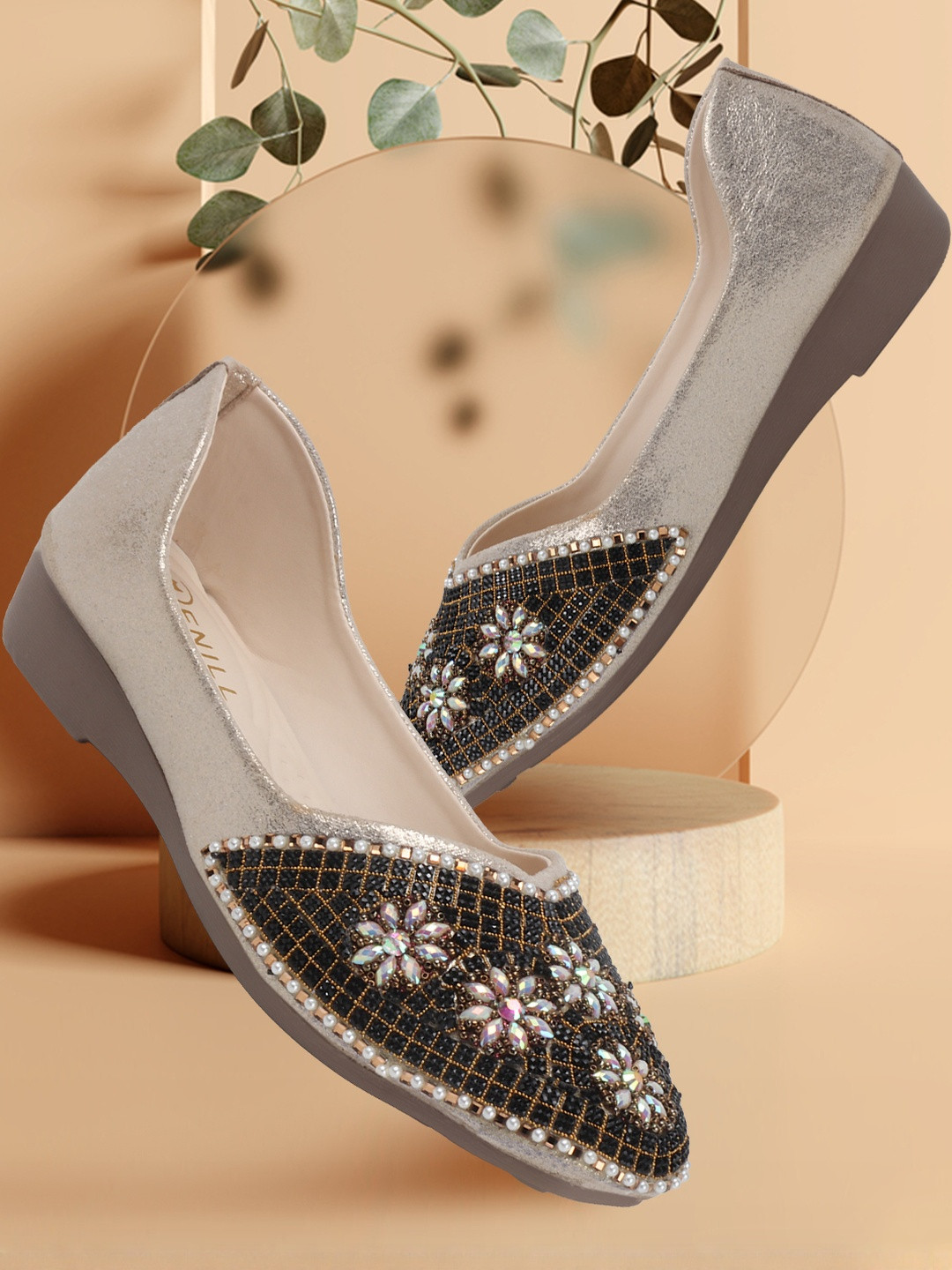 Denill Women Rhinestone and Pearl Embellished Slip-On Bellies