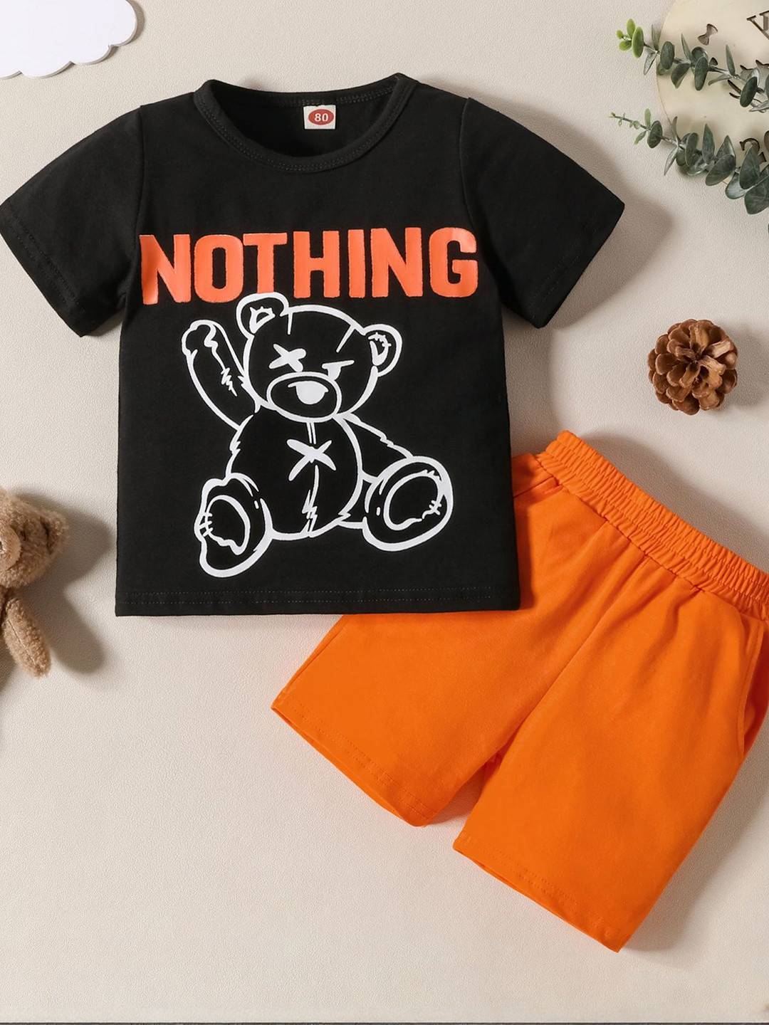 YK Boys Black & Orange Printed Cotton Blend Co-Ords Set