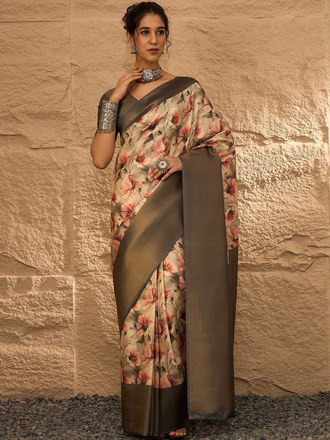 Sangria Women Beige Silk Blend Ethnic Digital Print Party Wear Saree with Matching Blouse
