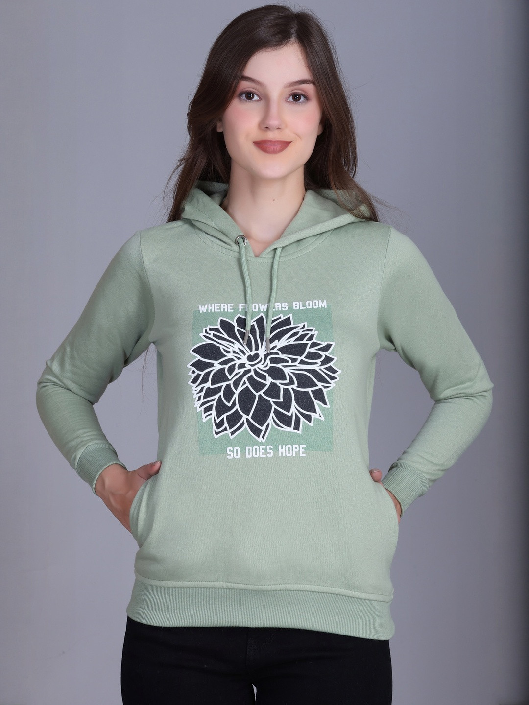 HERE&NOW Women Sage Green Floral & Text Graphic Printed Casual Hoodie