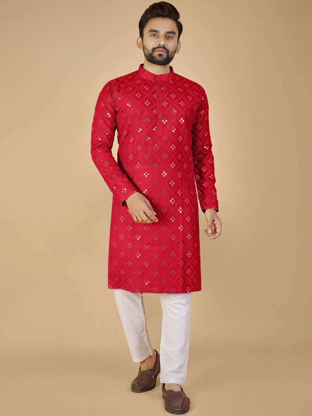 ORIFAB Men Mirror Work Embroidered Kurta Set