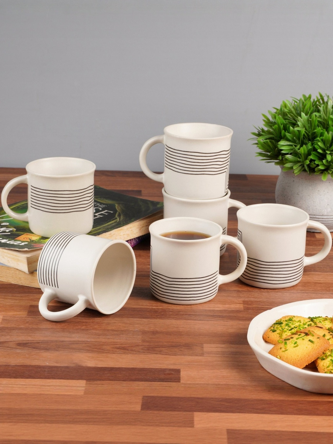 Ekaura Set Of 6 White And Black Wavy Lines Matte Microwave Safe Ceramic Cups and Mugs