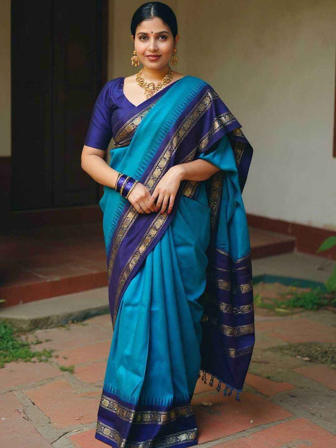 VILLE FASHION Blue Woven Design Art Silk Kanjeevaram Sarees