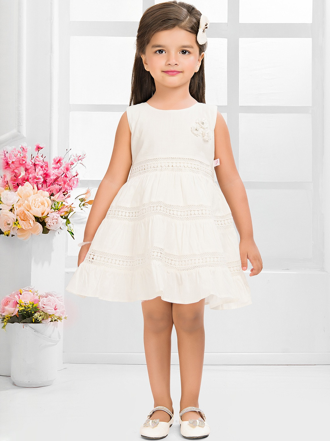 SNAZZYGIRL Girls Off White Cotton Dresses