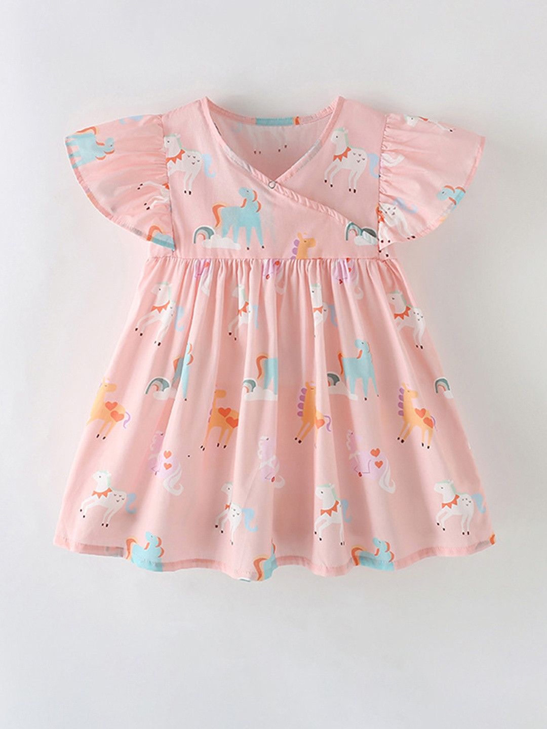 YK Girls Peach V-Neck Cartoon Animal Print Flared Sleeves Cotton Causal Dress