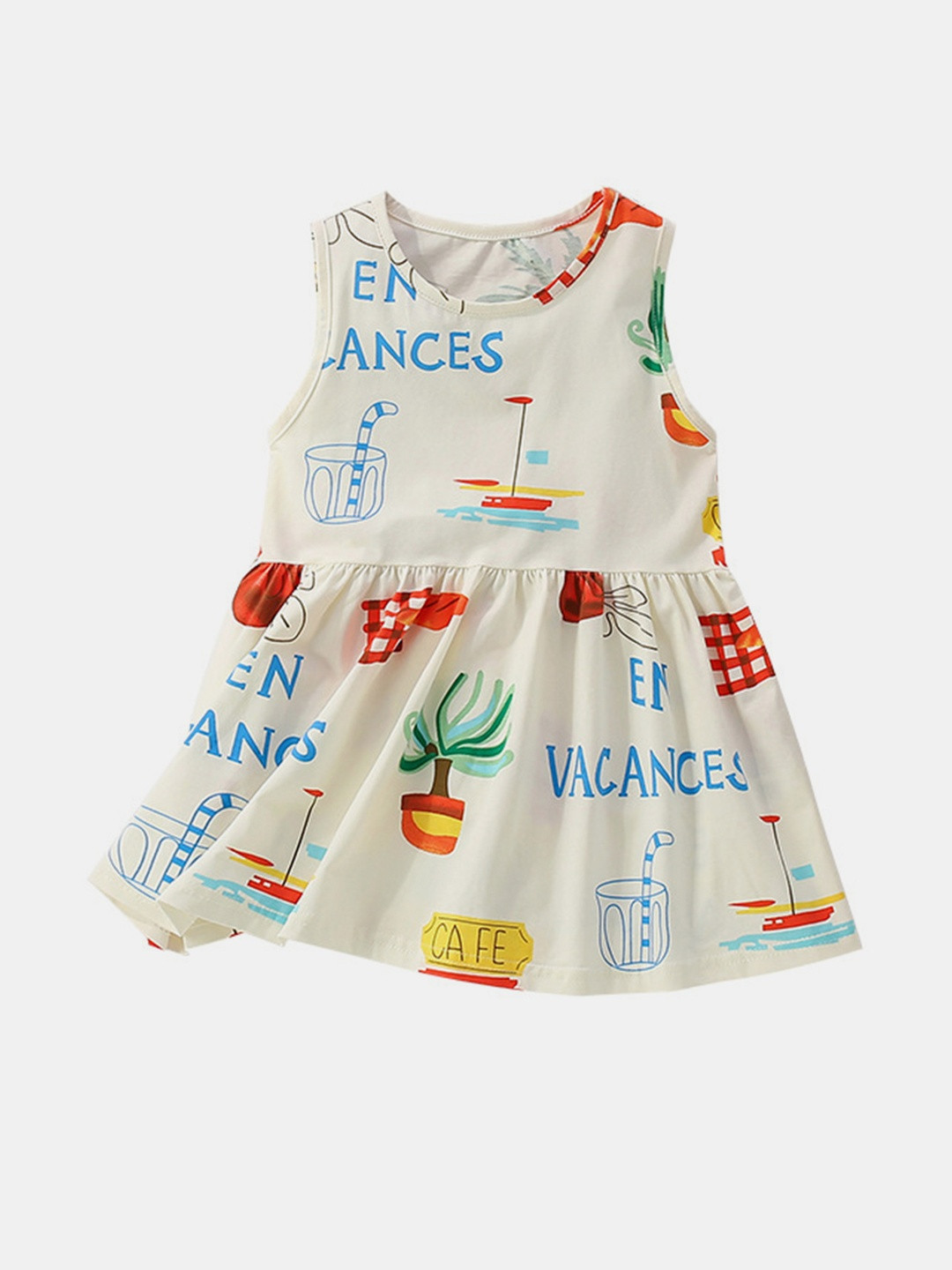 YK Girls Multi Round Neck Print Sleeveless Cotton Causal Dress