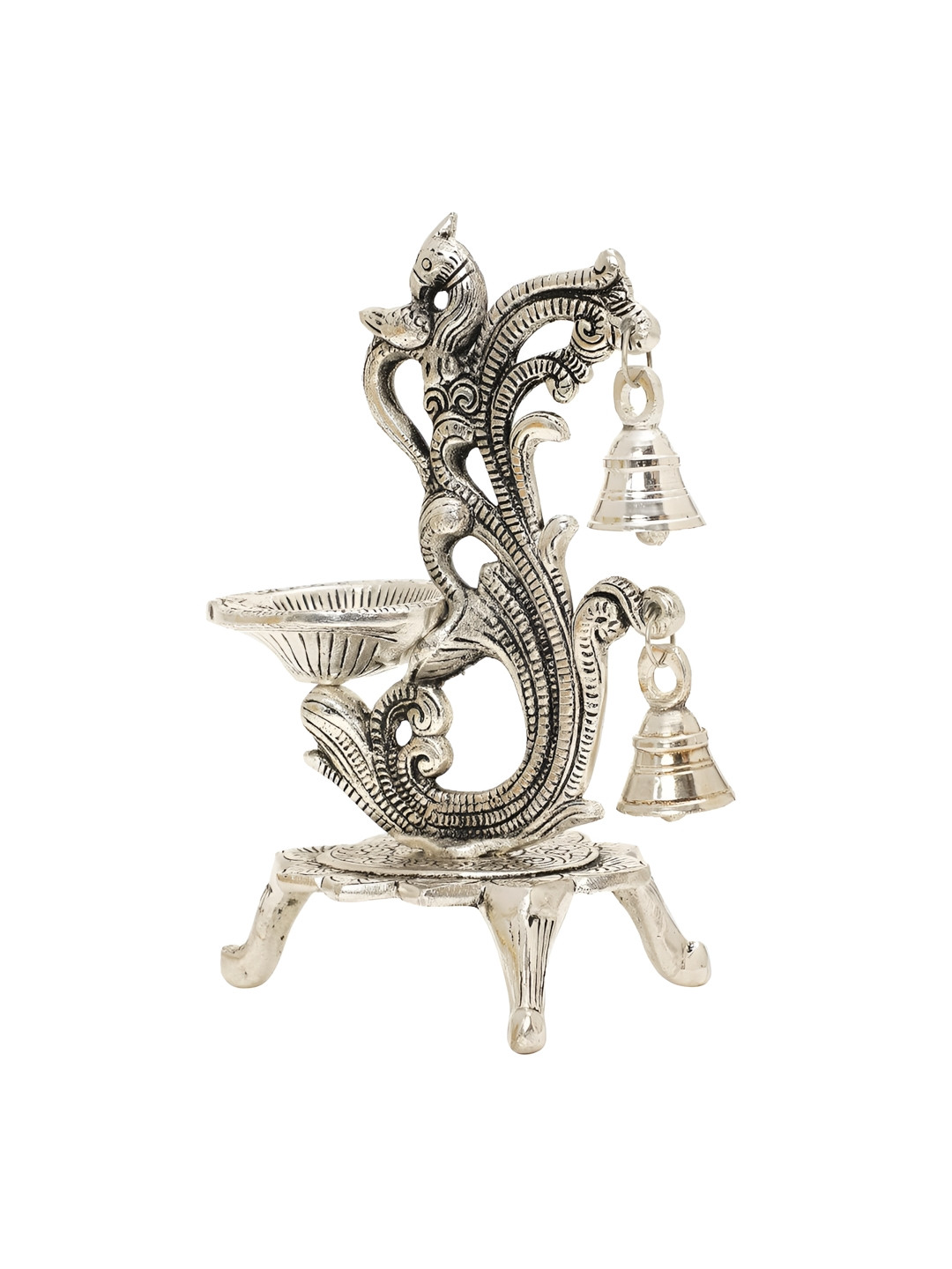 ELEVATE INDIA Silver-Toned Peacock Design Diya With Bell