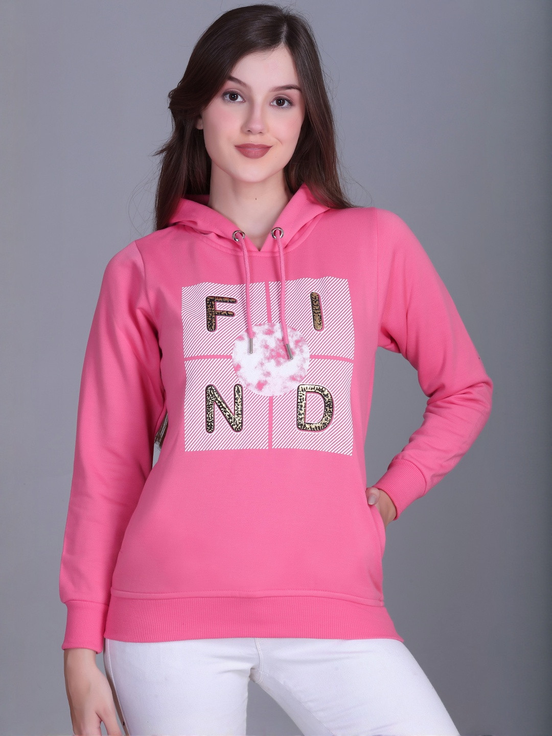 HERE&NOW Women Fleece Printed Hooded Sweatshirt