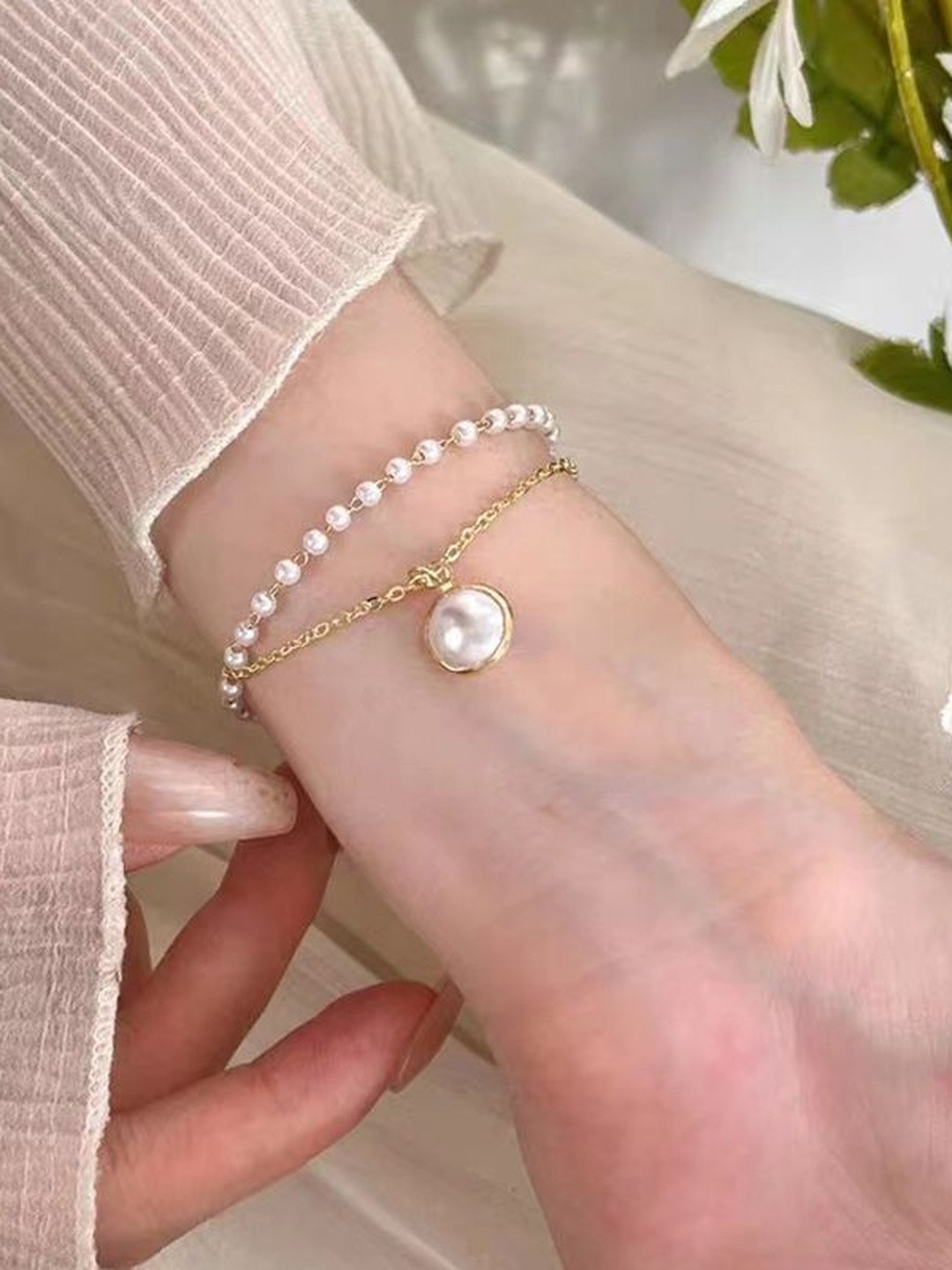 DressBerry Women Gold Plated Double Layer Pearls Multistrand Bracelet