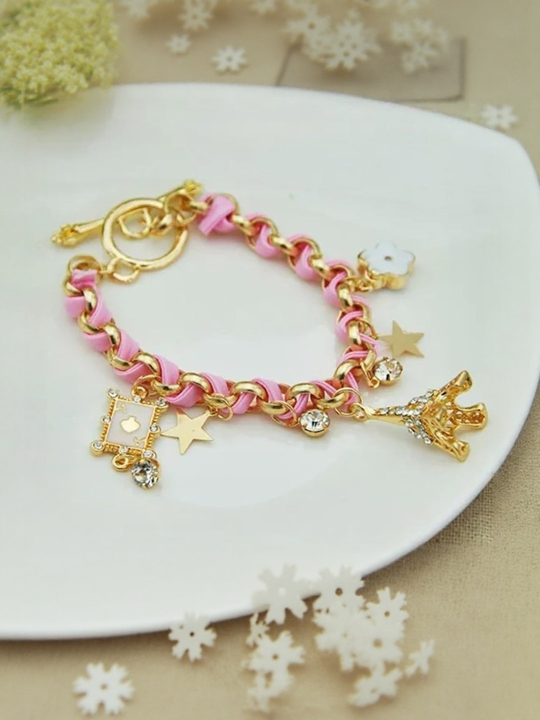 DressBerry Women Cubic Zirconia Pink Studded Eiffel Tower Star Charm Bracelet