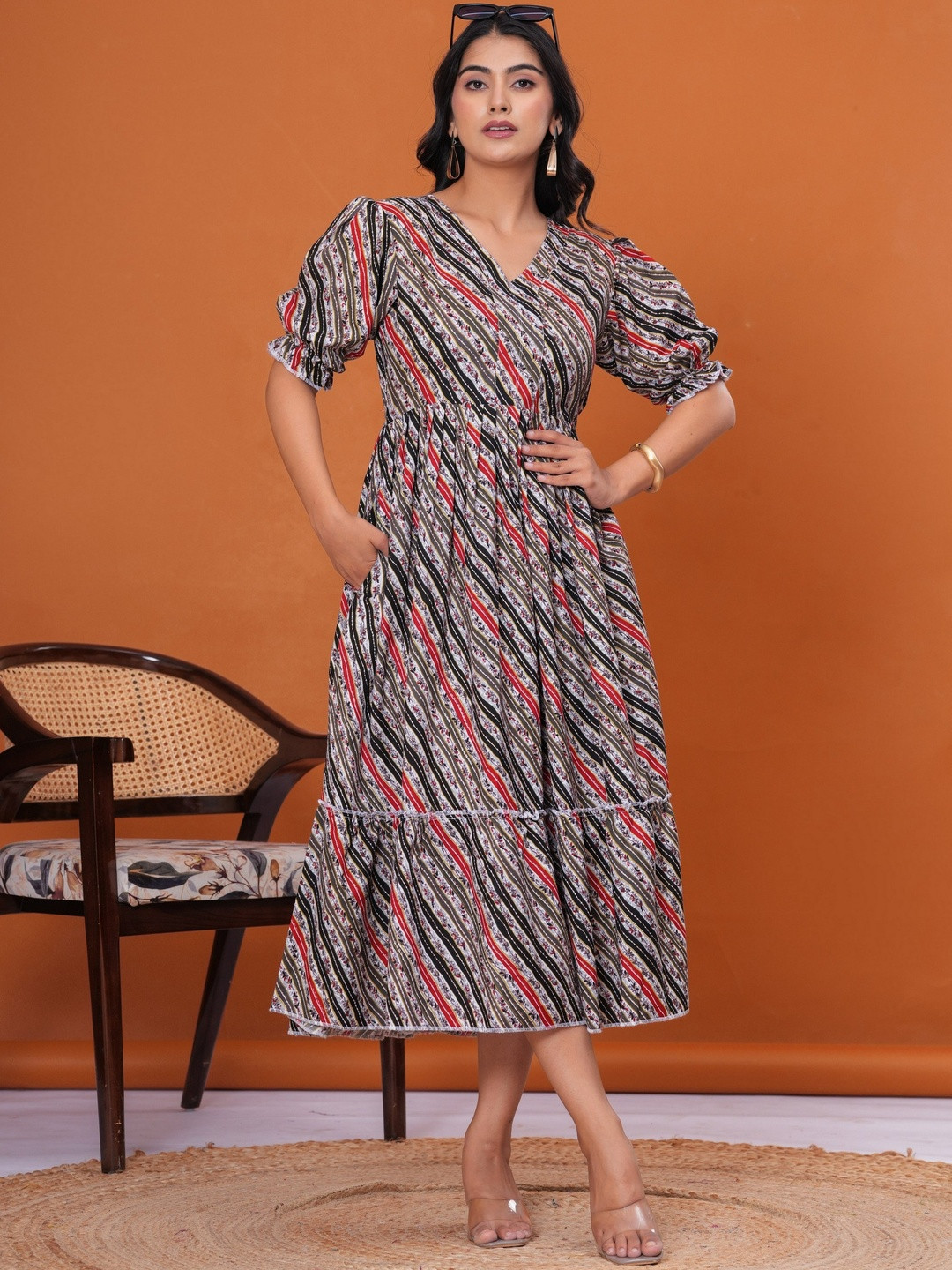 DECORIS Striped Fit & Flare Midi Dress