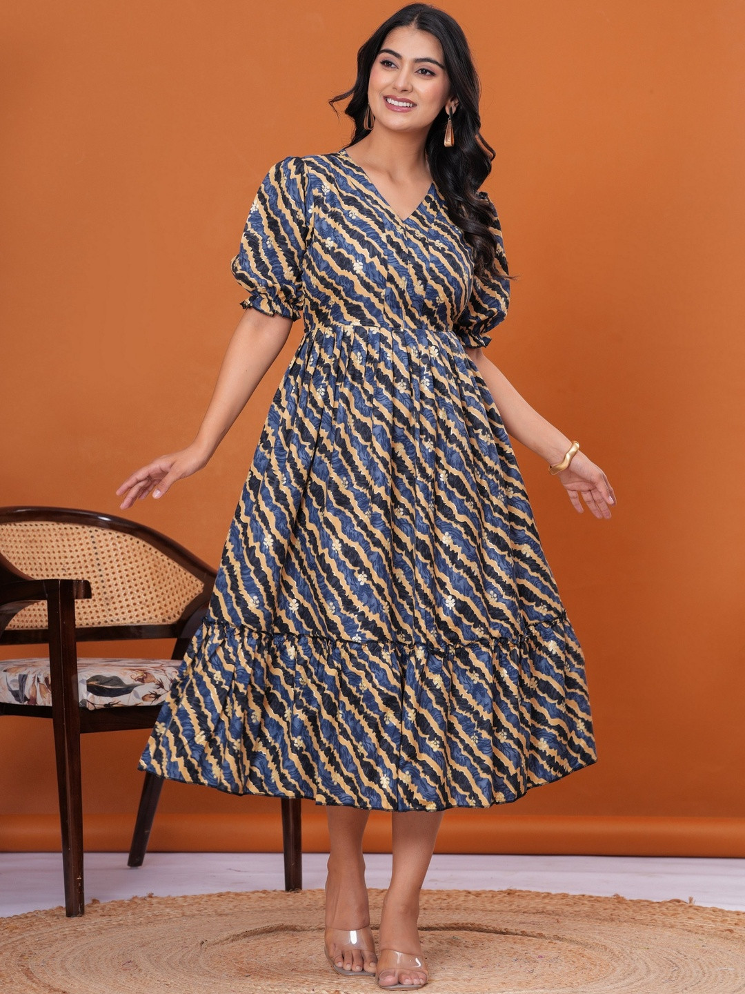 DECORIS Women Cotton Lehariya Printed Color Striped Fit & Flare Midi Dress