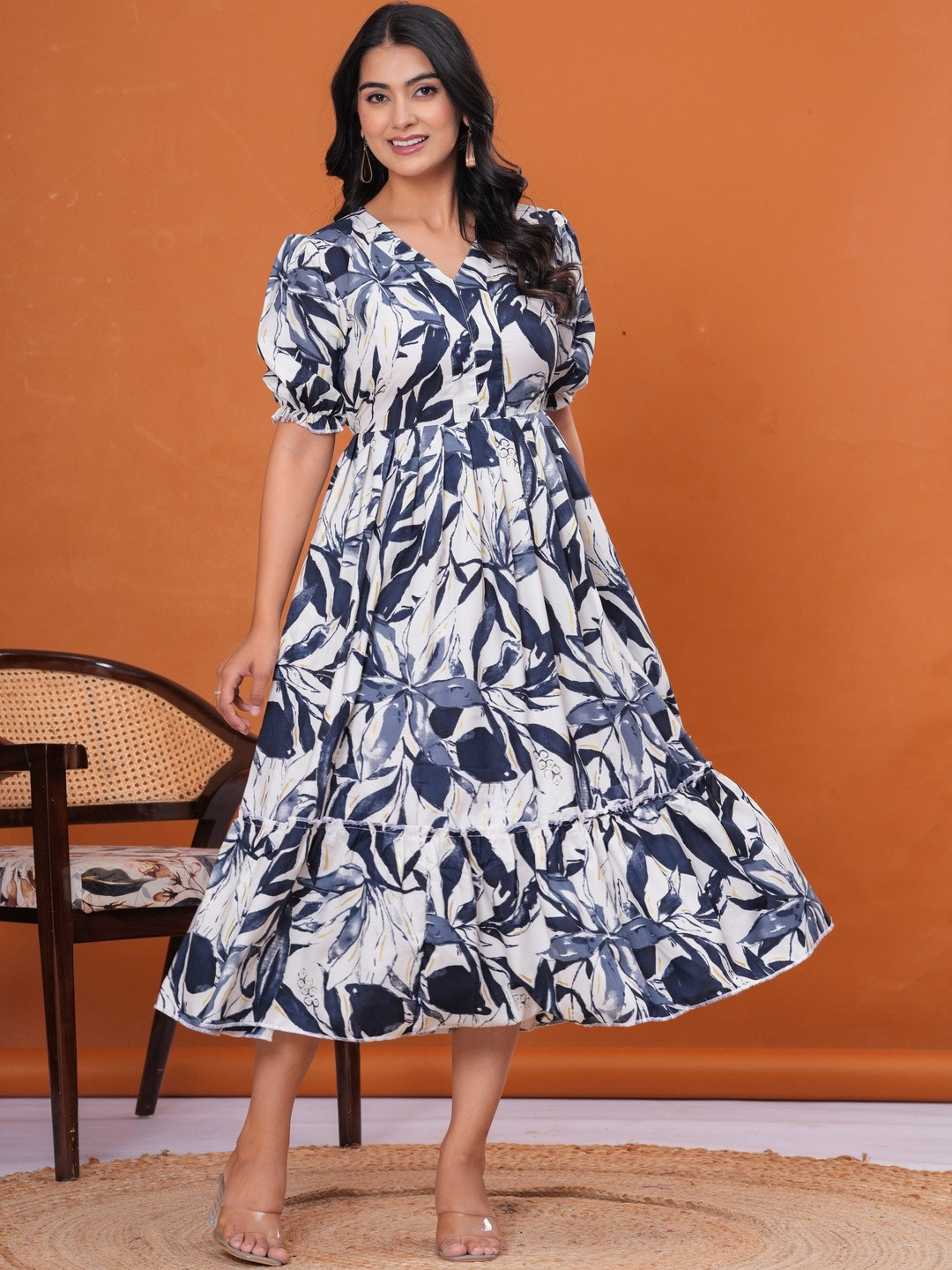 DECORIS Striped Puff Sleeve Fit & Flare Midi Dress