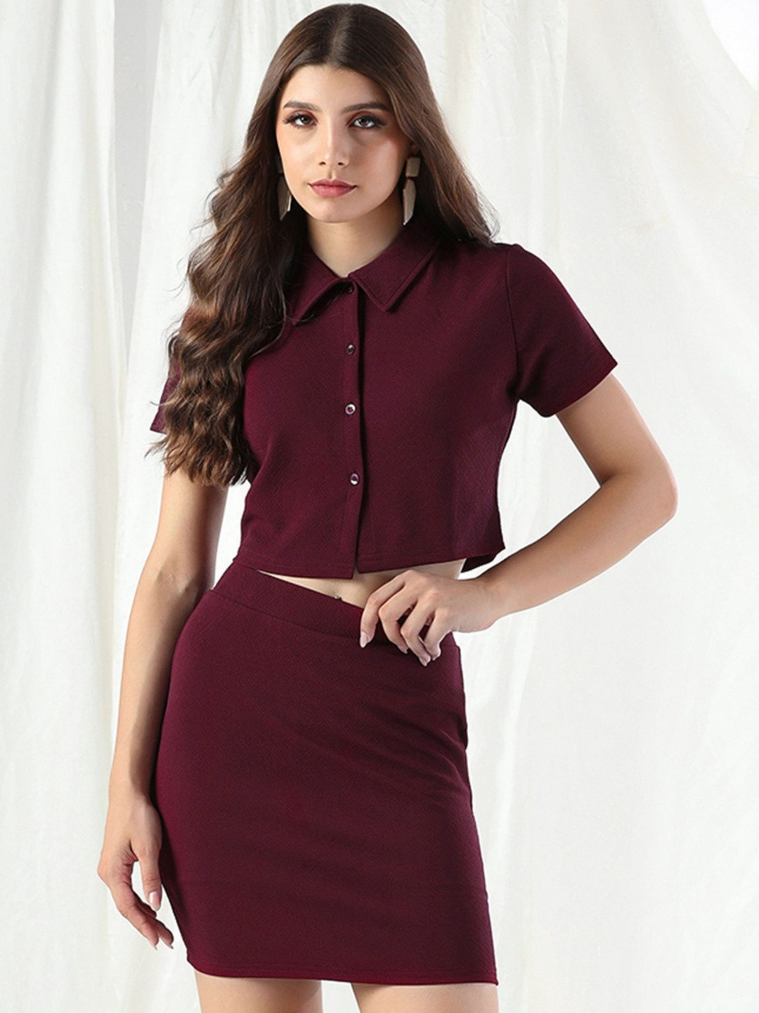 SZN Women Maroon Shirt and Skirt Co-ord Set