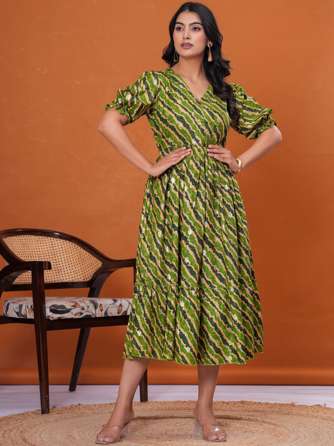 DECORIS Women Cotton Lehariya Printed Color Fir & Flare Dress