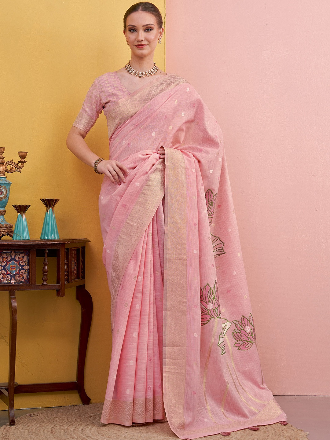 Sangria Women Pink Linen Ethnic Woven Design Traditional Wear Saree with Matching Blouse