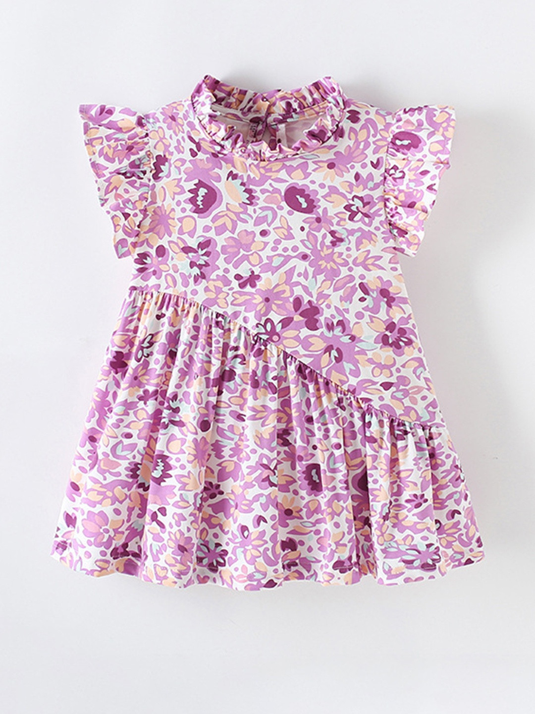 YK Girls Purple Mock Neck Floral Print Flared Sleeves Cotton Causal Dress