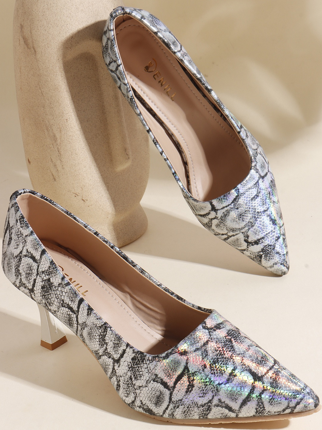 Denill Women Snakeskin Pattern Pointed Toe Heels with Iridescent Finish & Non Slip Sole