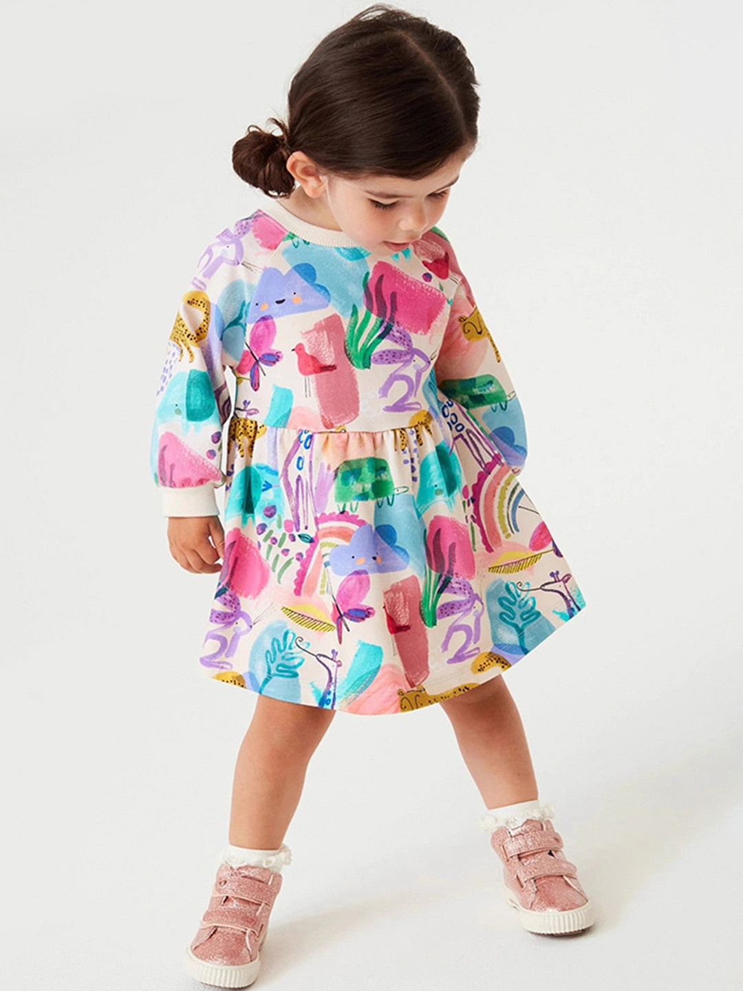 YK Girls Multi Color Graphic Print Cotton Casual Dress