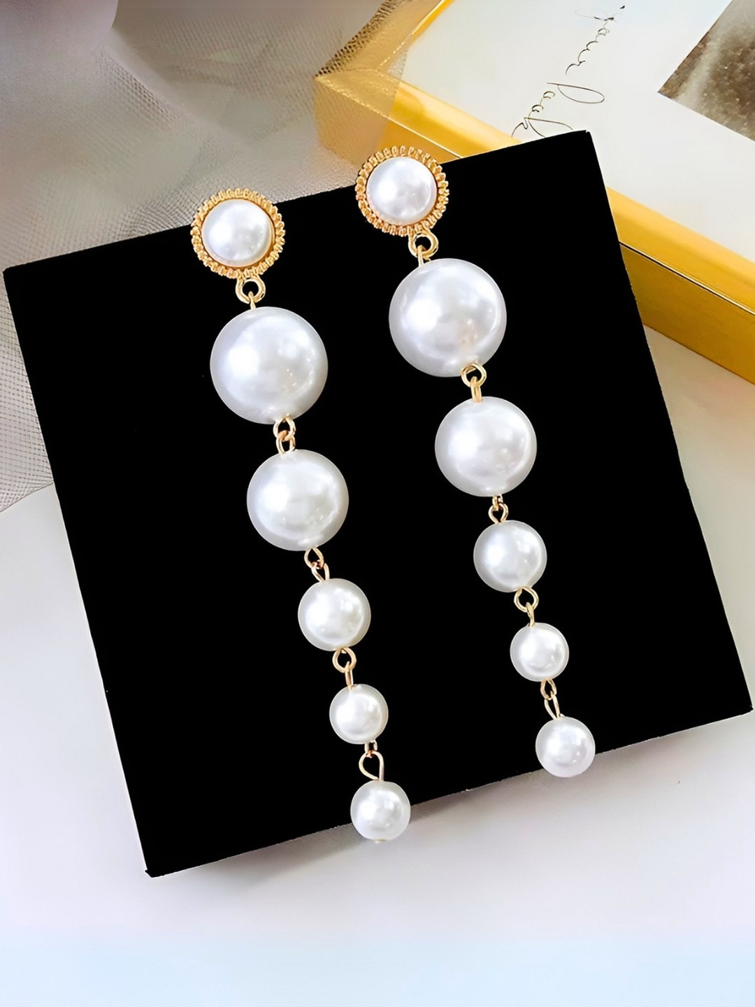 DressBerry Women Gold-Plated Pearl Long Drop Earrings