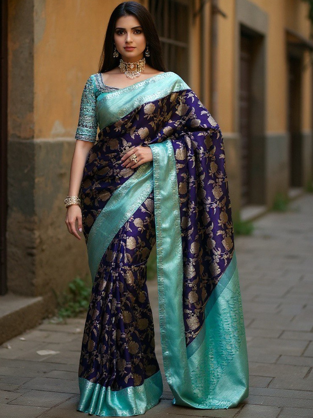 VILLE FASHION Blue Woven Design Art Silk Kanjeevaram Sarees
