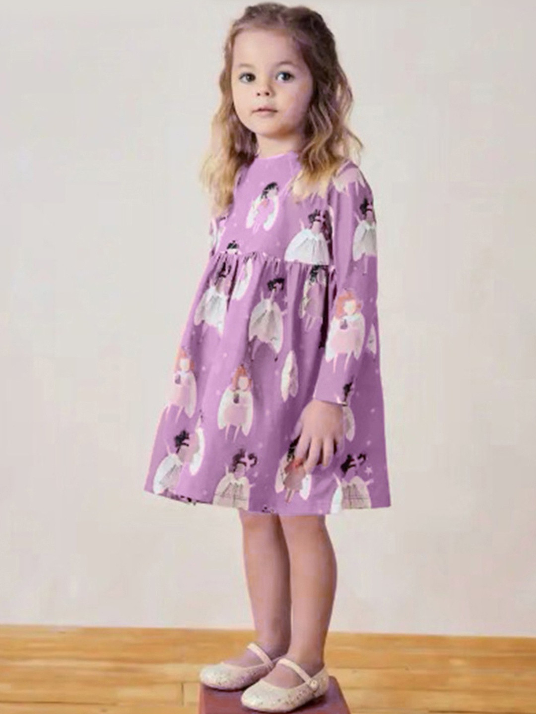 YK Girls Purple Round Neck Print Long Sleeves Cotton Causal Dress