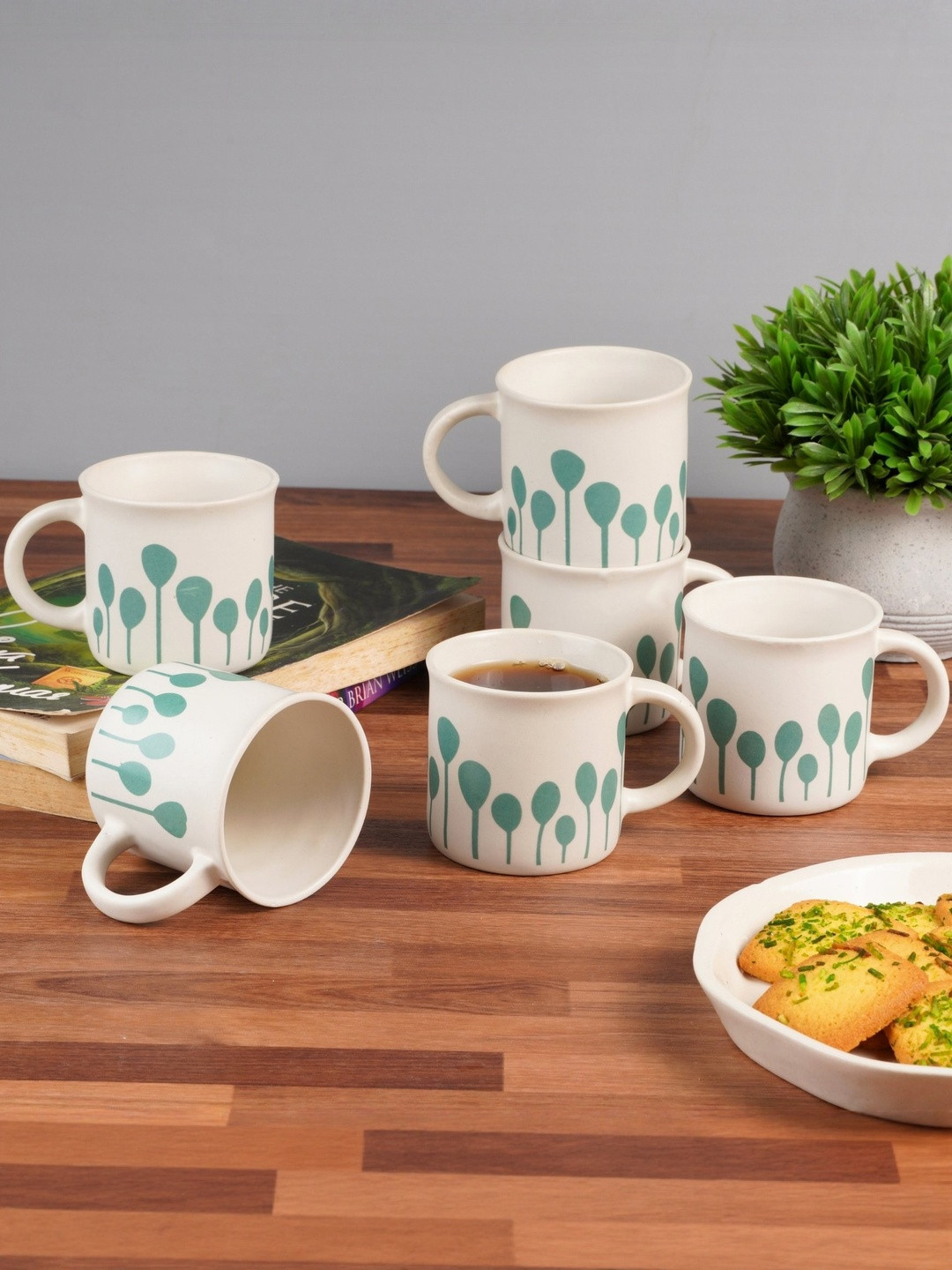 Ekaura White & Green Set of 6 Ceramic Cups