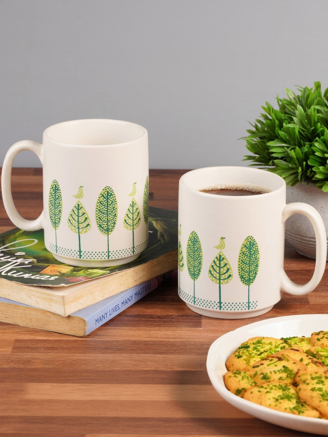 Ekaura Set Of 2 White & Green Forest Ceramic Mug