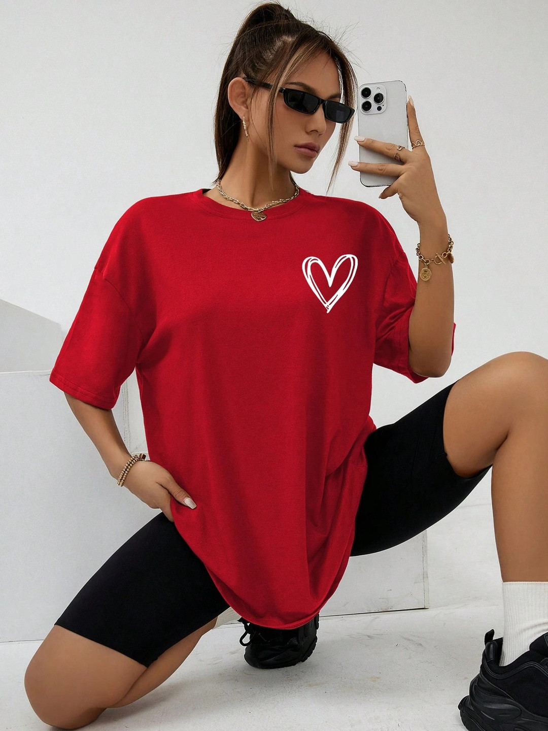 Calm Down Women Red Heart print  T-shirt
