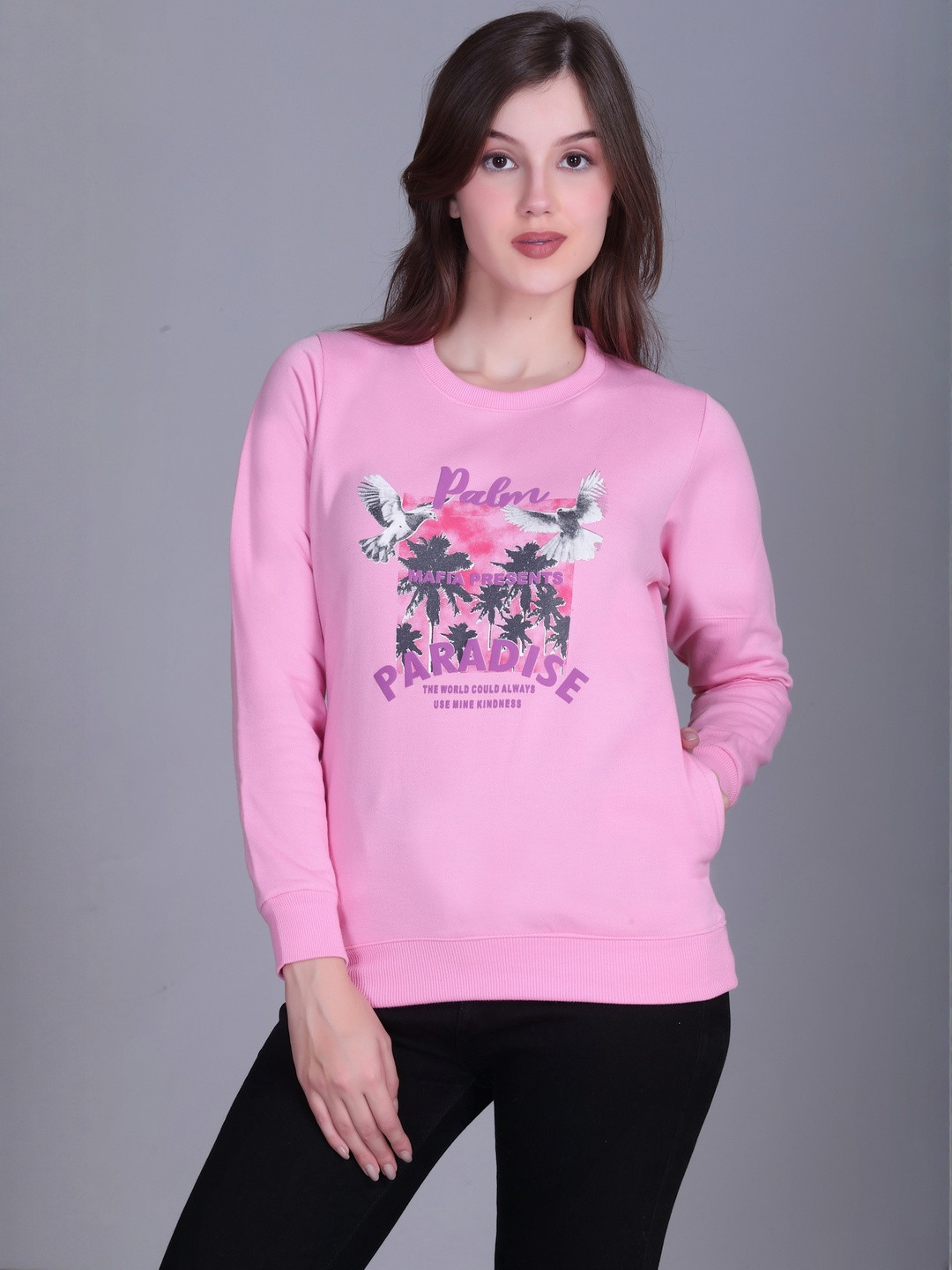 Roadster Women Pink Printed Fleece With Long Sleeves Sweatshirt