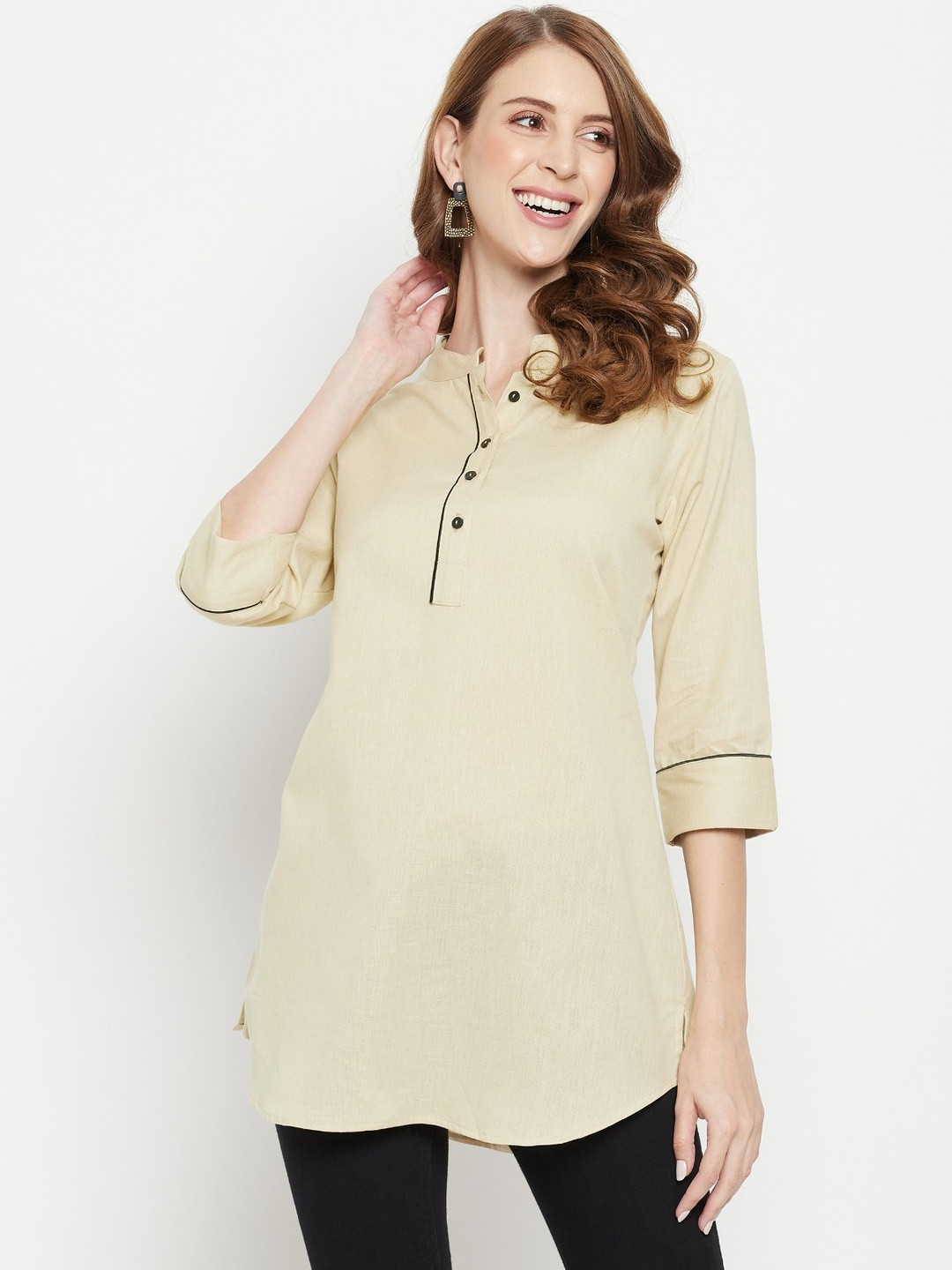 MJ LIFE STYLE Women Beige Solid Straight Short Kurti