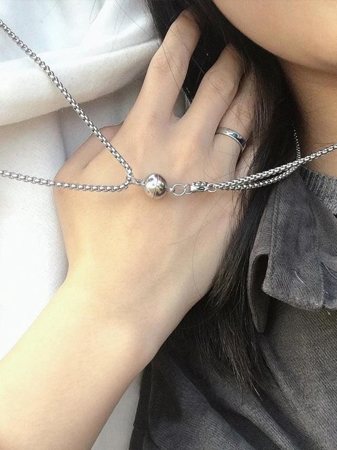 DressBerry Silver-Plated Magnetic Charm Matching Silver Ball Promise Couple Chain