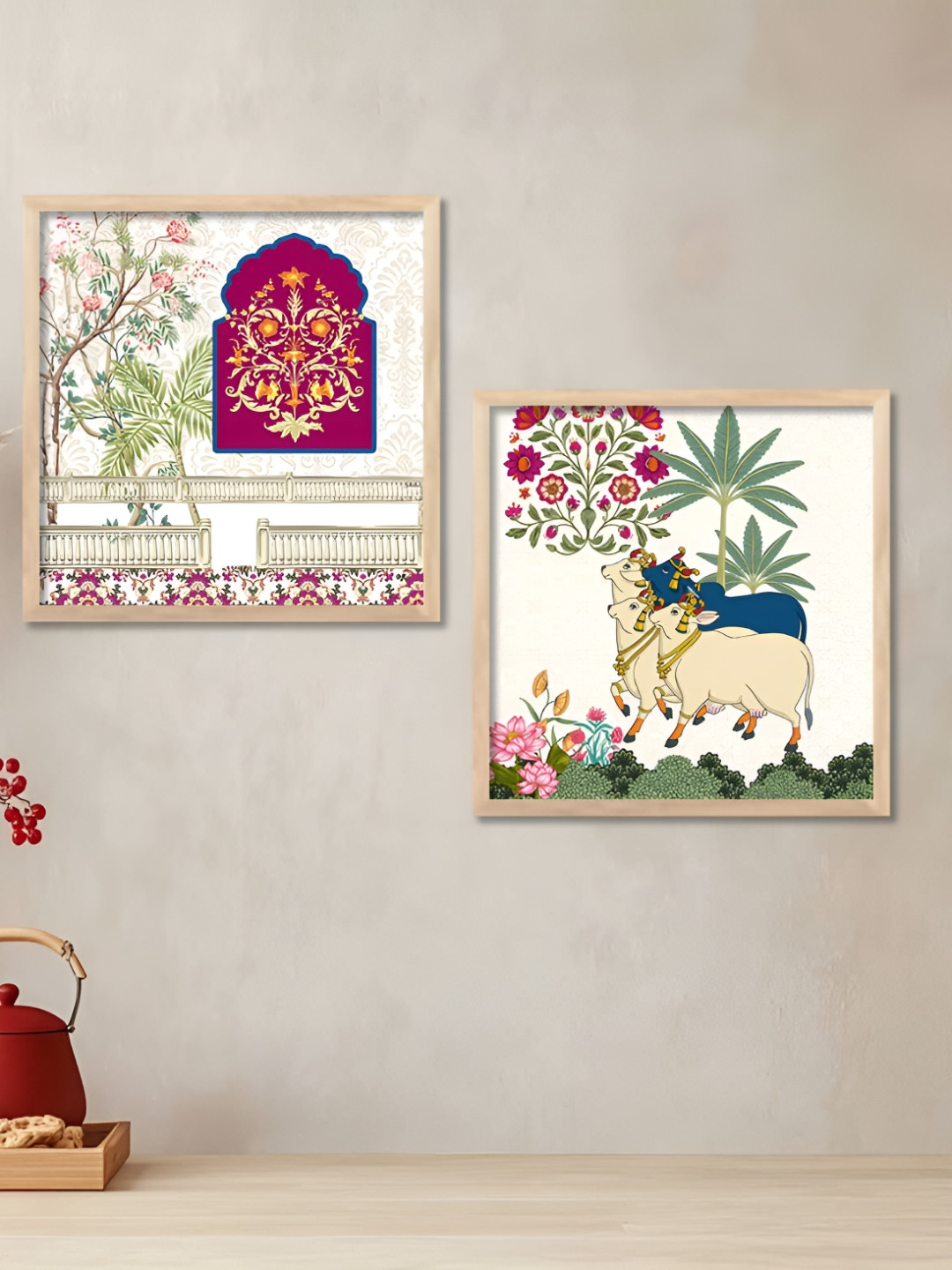Kotart Brown & Maroon 2 Pieces Pichwai Wooden Wall Arts