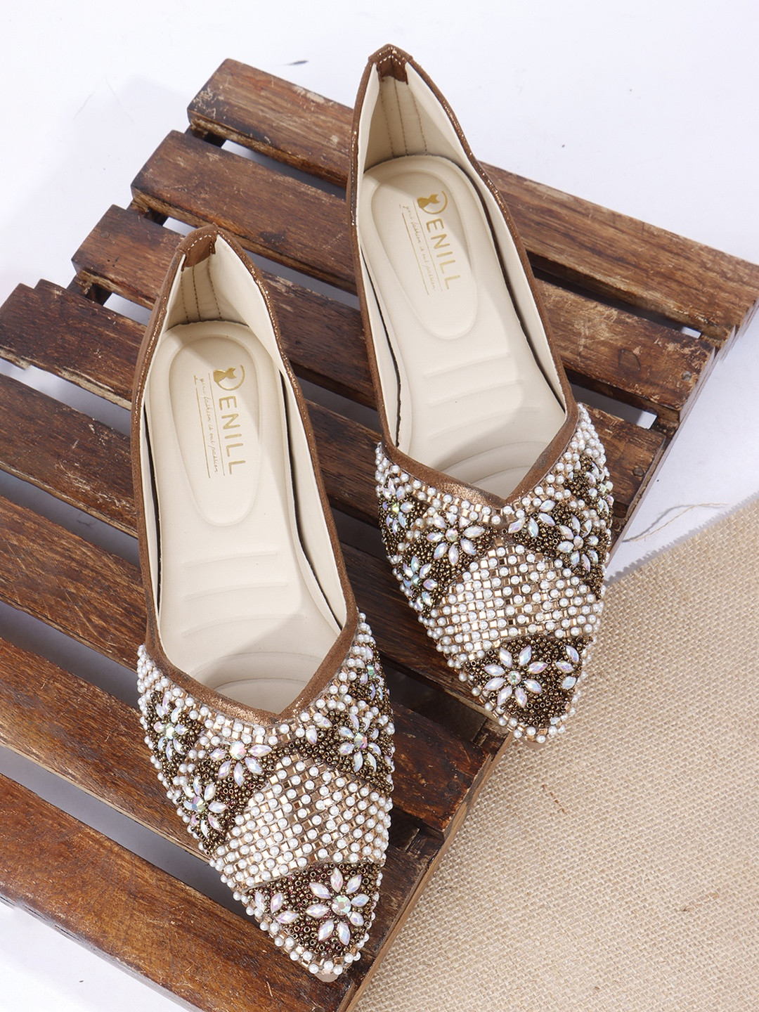 Denill Women Copper Embellished Floral Sequins Slip-On Bellies