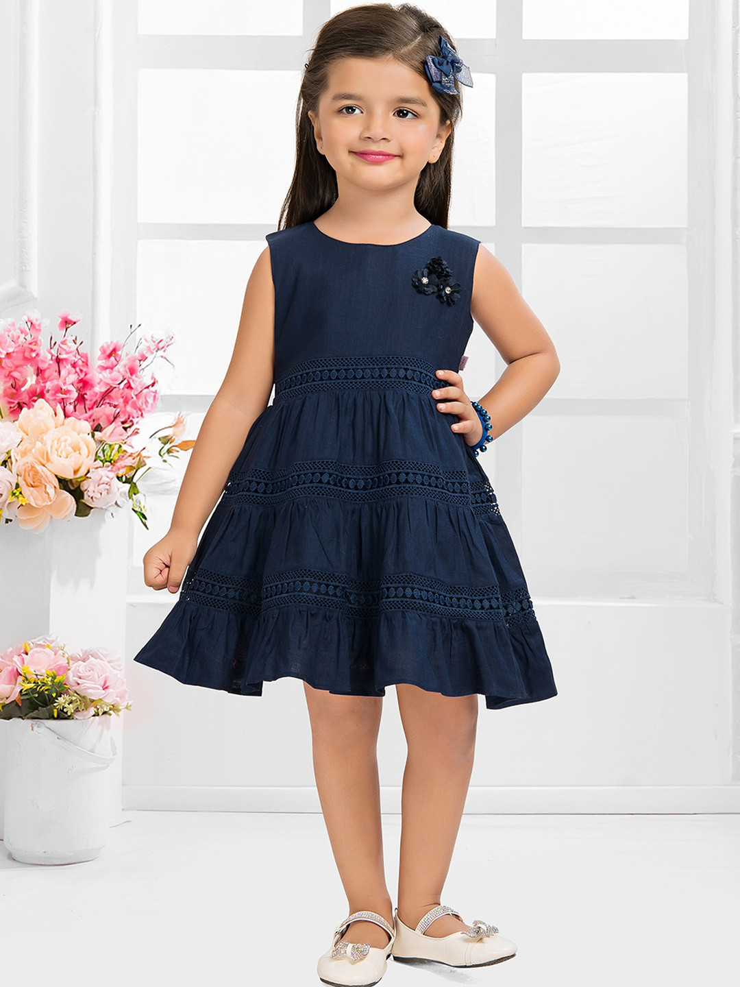 SNAZZYGIRL Girls Solid Navy Blue Cotton Flower Embellished Fit & Flare Dress
