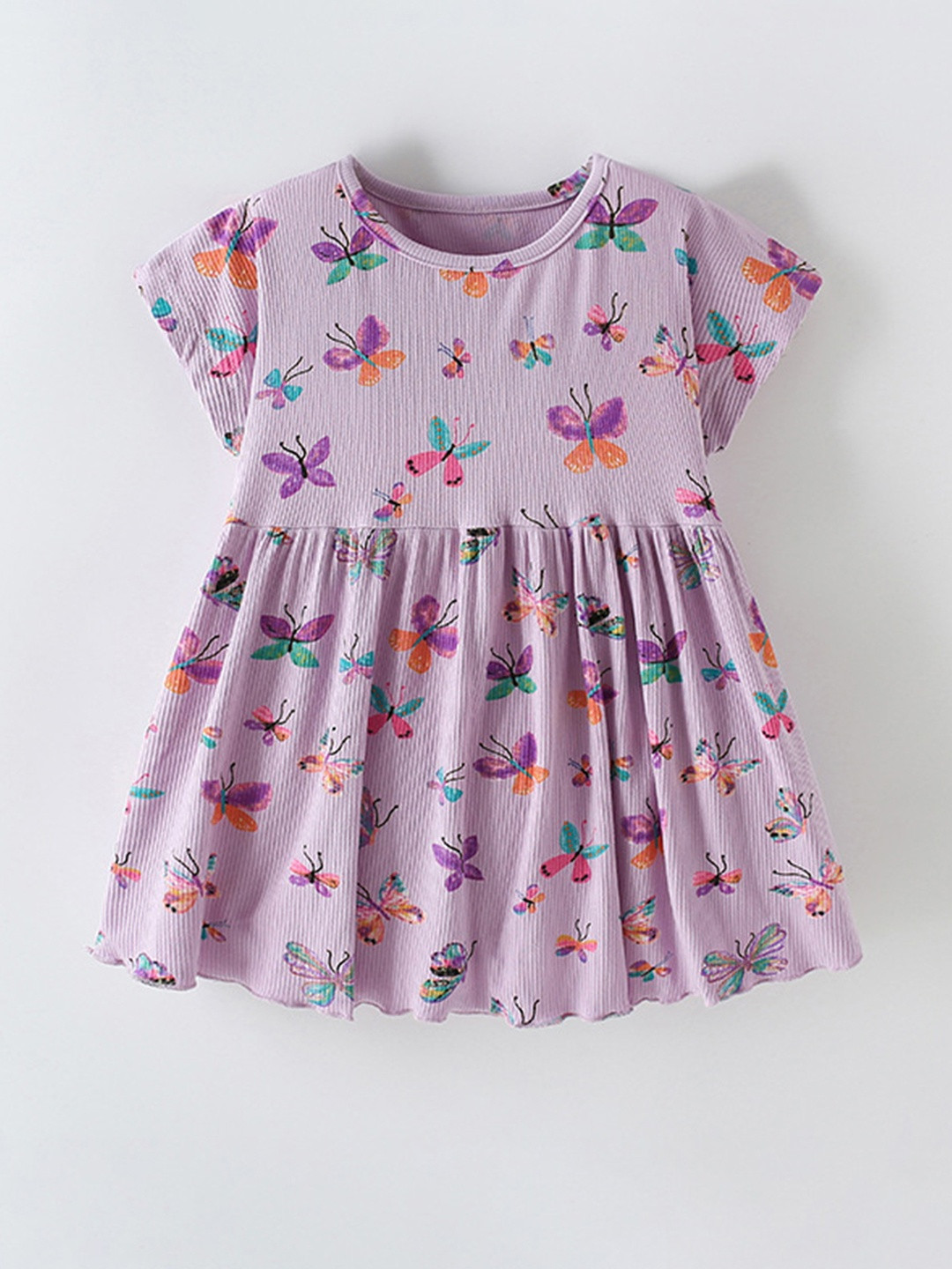 YK Girls Multi Colored Butterfly Print Fit & Flare Cotton Casual Dress