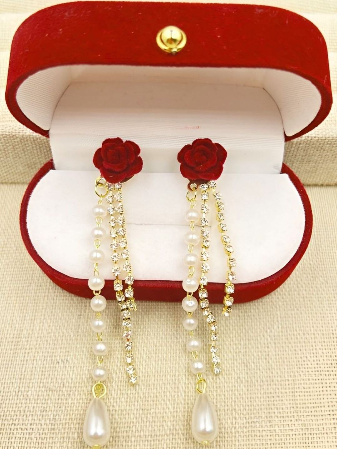 DressBerry Women Gold-Toned White & Red Rose Pearl Drop Earrings