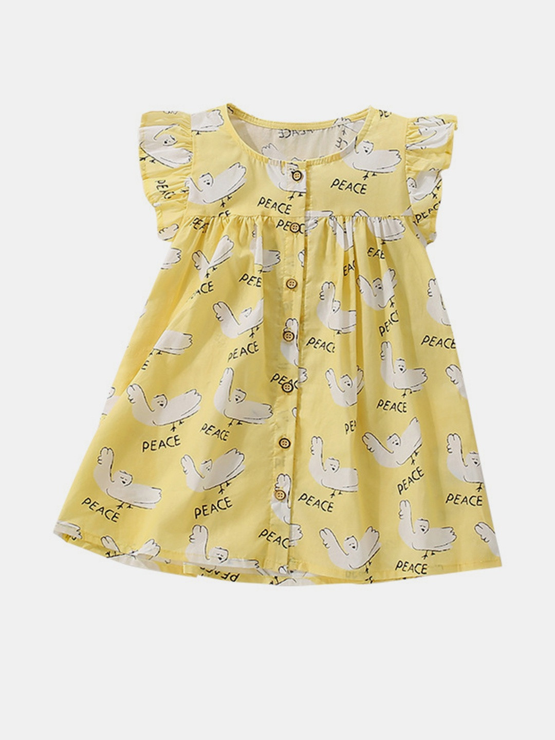 YK Girls Yellow Round Neck Duck Print Flared Sleeves Cotton Causal Dress