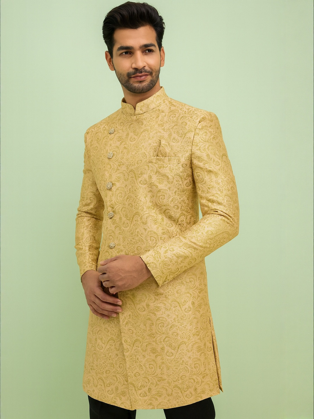 Shahi Achkan Mens Golden Paisley Brocade Sherwani Set with Matching Churidar