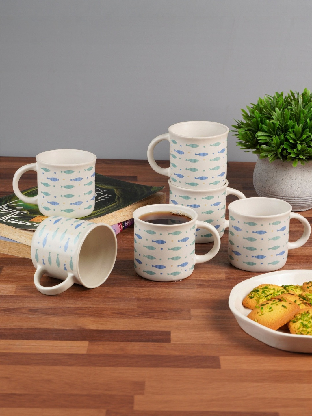 Ekaura Set Of 2 White & Blue Arctic Fish Matte Ceramic Cups and Mugs