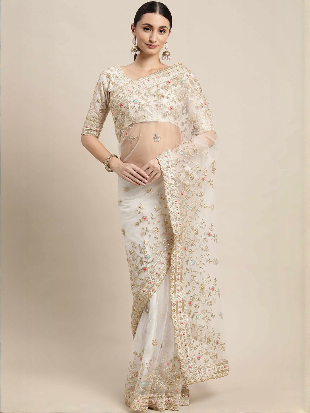 Peachmode Women Cream Embroidered Net  Sarees