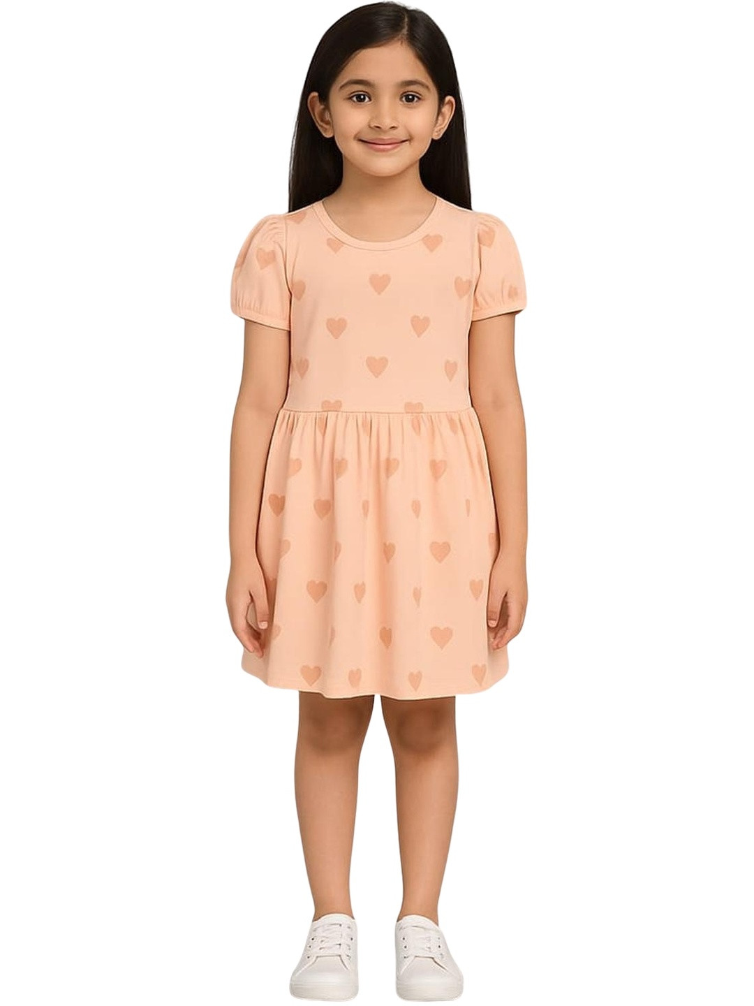 BURBN Girls Peach Cotton Printed Round Neck Puff Sleeves Casual A-Line Frock