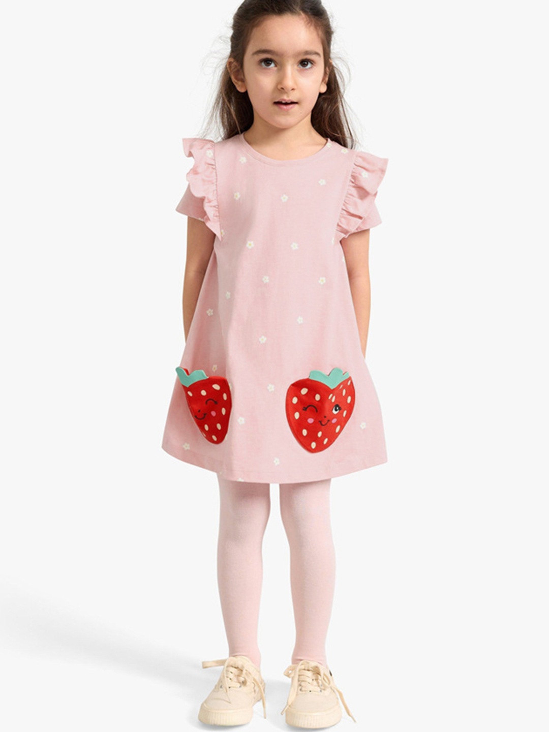 YK Girls Pink Strawberry Cotton Print Casual Dress